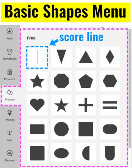 screenshot of the free shapes in Design Space