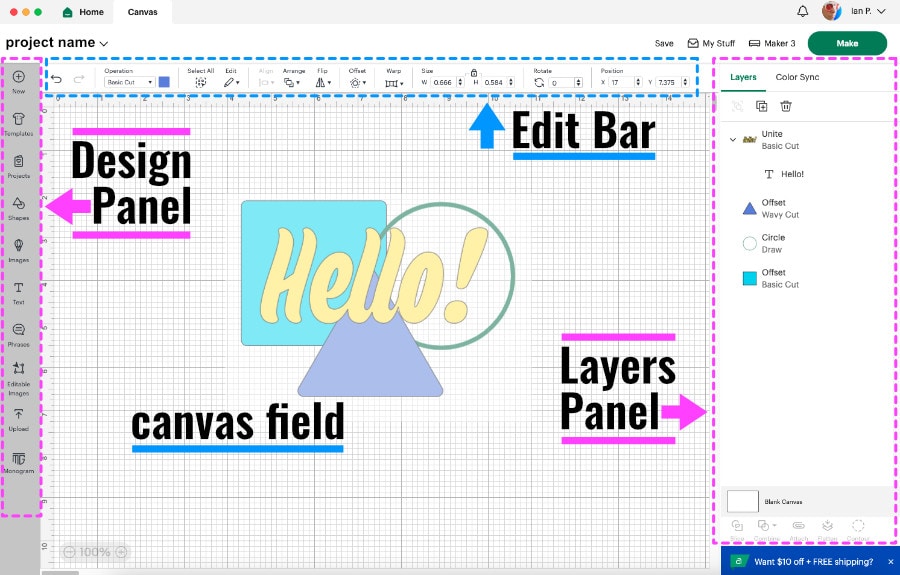 diagram of the basic Design Space canvas features: Design panel, Edit bar, layers panel and canvas field