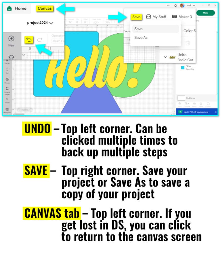 how to undo, save projects and get back to the canvas in Design Space