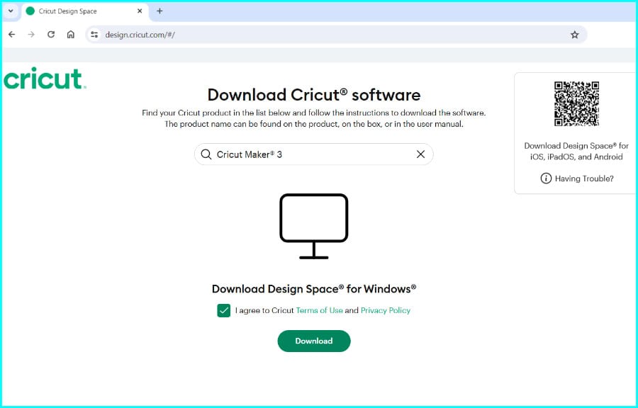 screenshot of the design space for windows download page on cricut.com