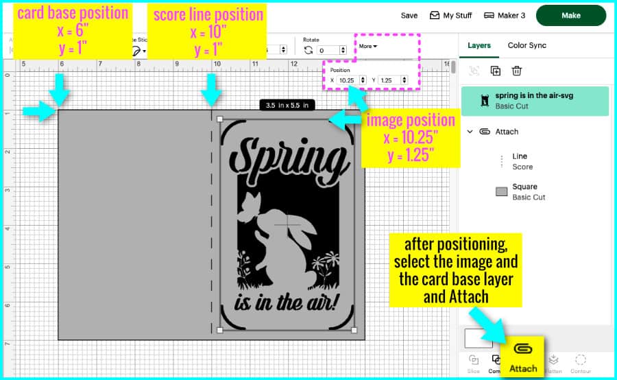 design space screenshot showing the use of x and y coordinates in the edit bar to easily position the easter cut file image on the insert card base