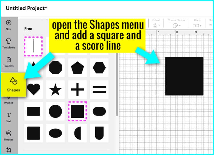 screenshot of adding a square and score line to the design space canvas to create an insert card base