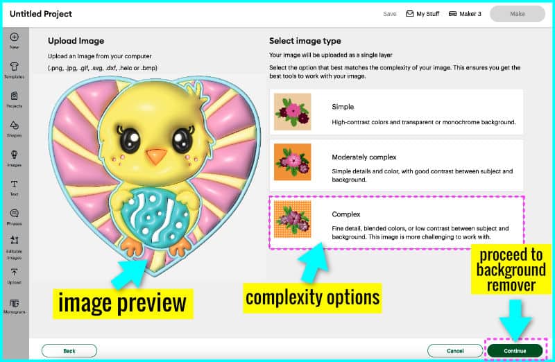 screenshot of uploading a 3D sticker PNG to design space, choosing image complexity