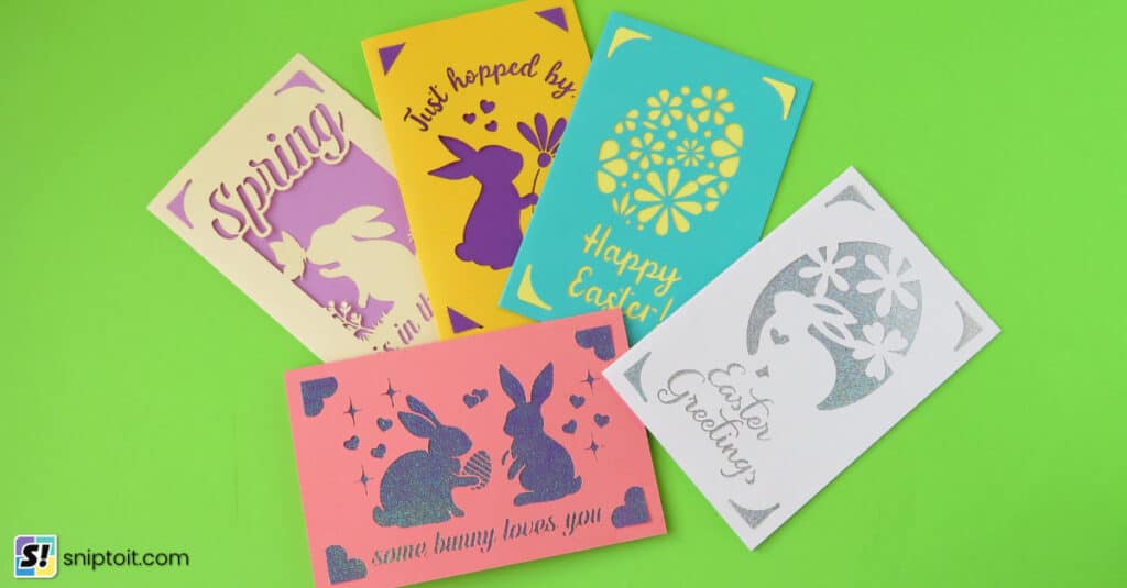 photo of 5 different Easter insert cards designed using our free SVGs