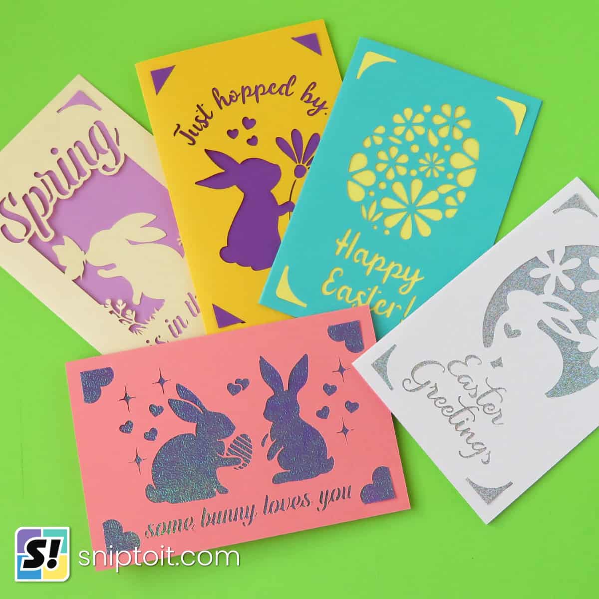 photo of 5 different Easter insert cards designed using our free SVGs