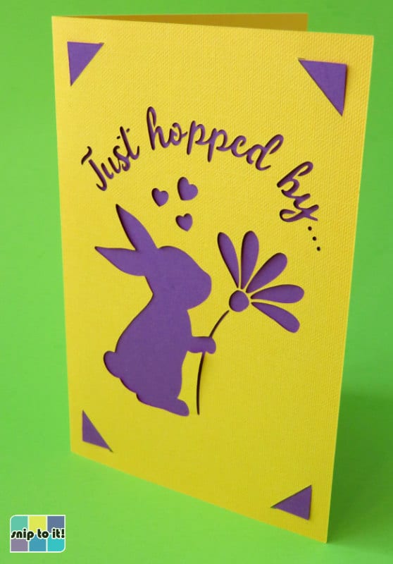 photo showing completed yellow and purple colored Easter insert card with just hopped by to say hi svg design