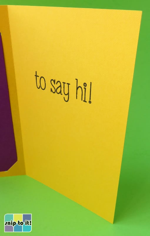 photo showing the inside of the just hopped by to say hi Easter insert card with the greeting written with a Cricut pen in a single line font