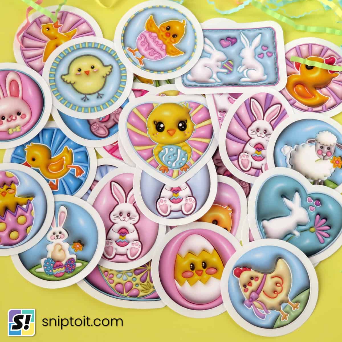 photo of easy-peel 3D Easter stickers on yellow background paper