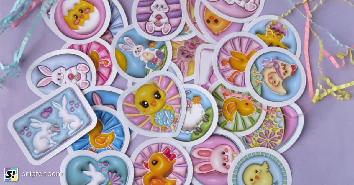 photo of easy-peel 3D Easter stickers on lilac background paper