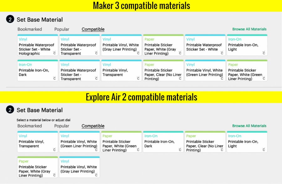 compatible materials cut settings list for Create Sticker function in cricut design space