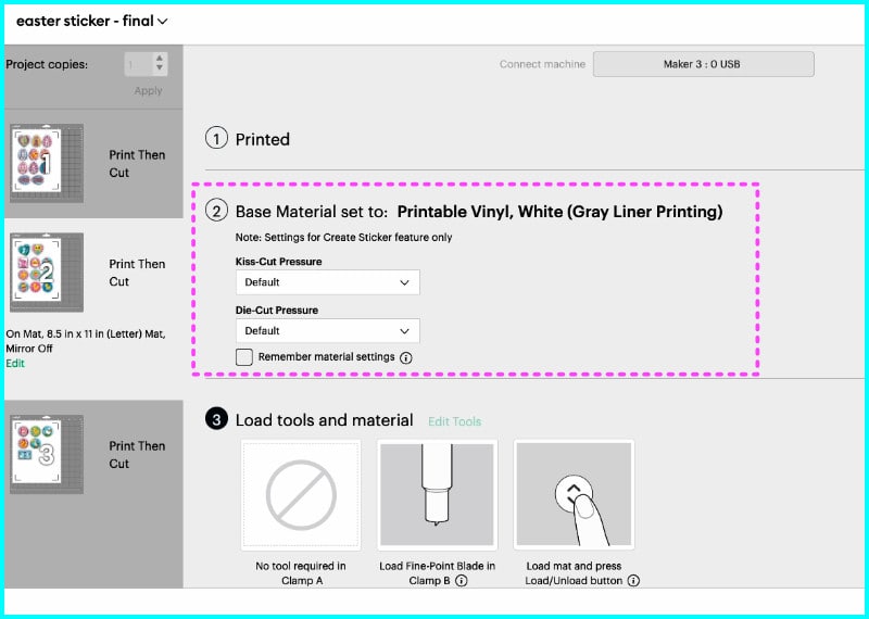 screenshot of the set load and go screen in design space, choosing cut settings for 3d stickers