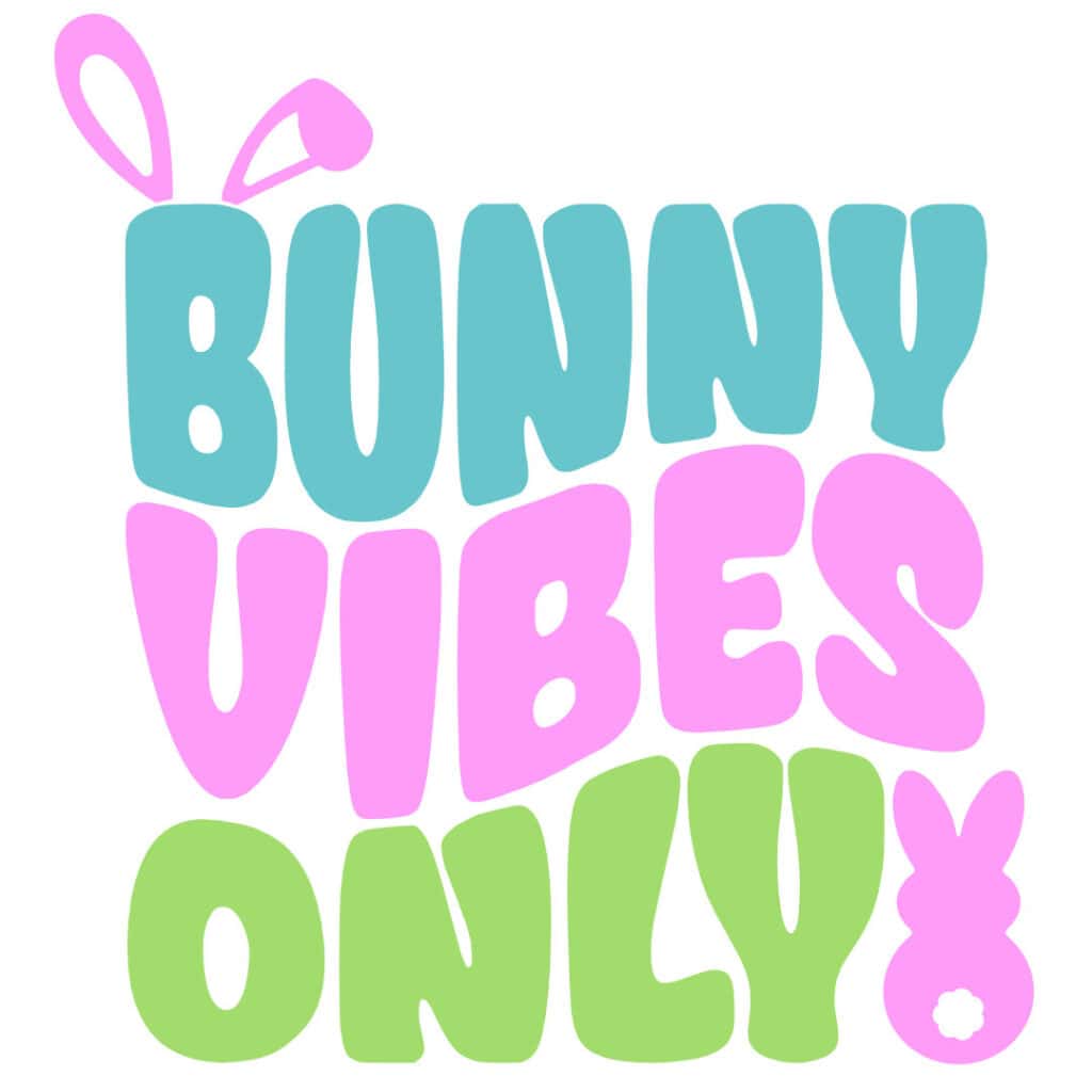 bunny vibes only warped stacked text svg, pink green and blue text with bunny images