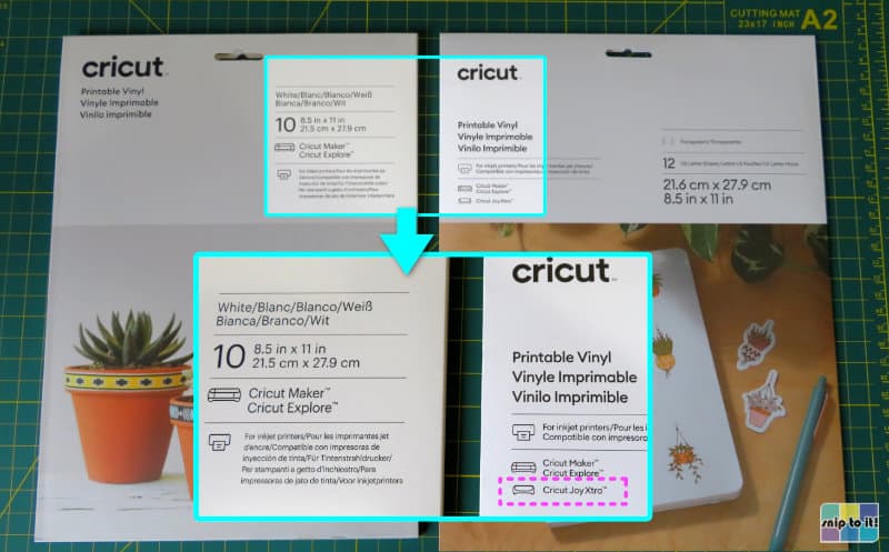 cricut printable vinyl old versus new product and how to tell the difference. New version of printable vinyl is compatible with Joy Xtra machine, old version does not have Joy Xtra mentioned on its packaging