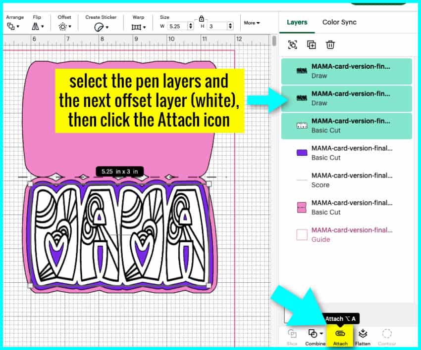 screenshot demonstrating how to attach drawing layers to cut layers to create a combined operation that will produce written text on a custom cut cardstock shape