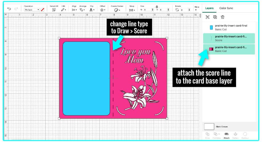 screenshot showing instructions for changing line type from cut to score and attaching the score line to the card base layer to make an insert mothers day card