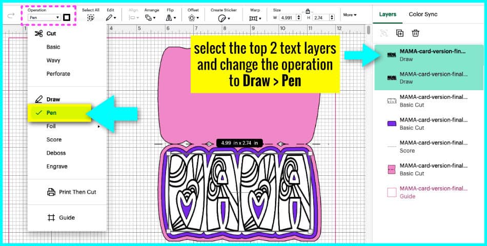 screenshot demonstrating how to change the linetype from basic cut to draw with a pen in Design Space