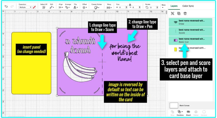 screenshot showing instructions for changing line types and attaching layers to make an insert mothers day card
