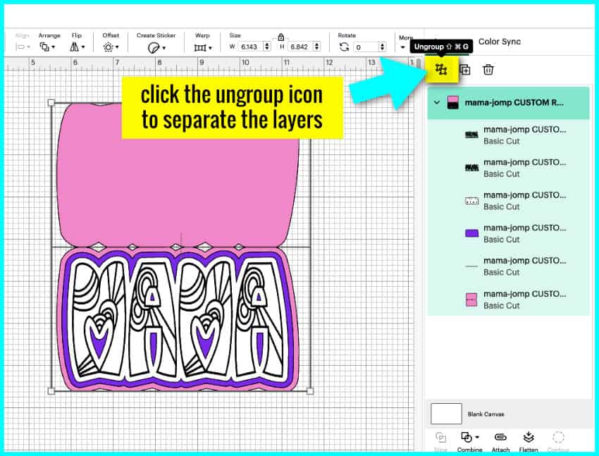 screenshot demonstrating how to ungroup the layers of an uploaded SVG to Design Space