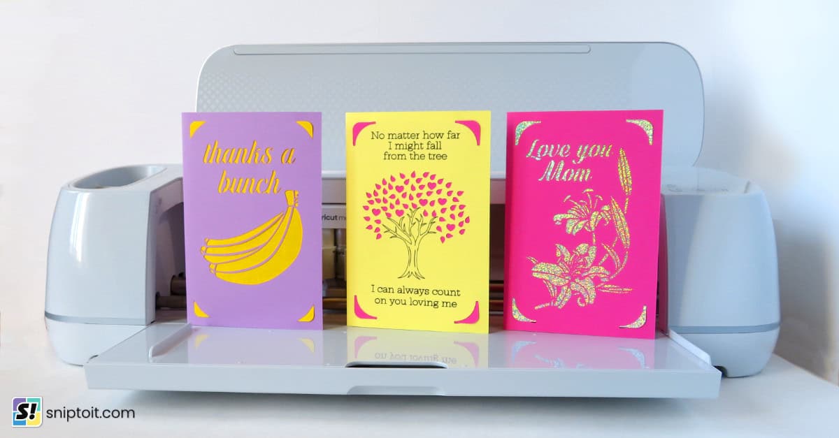 feature image displaying 3 mothers day insert cards resting on a Cricut Maker machine