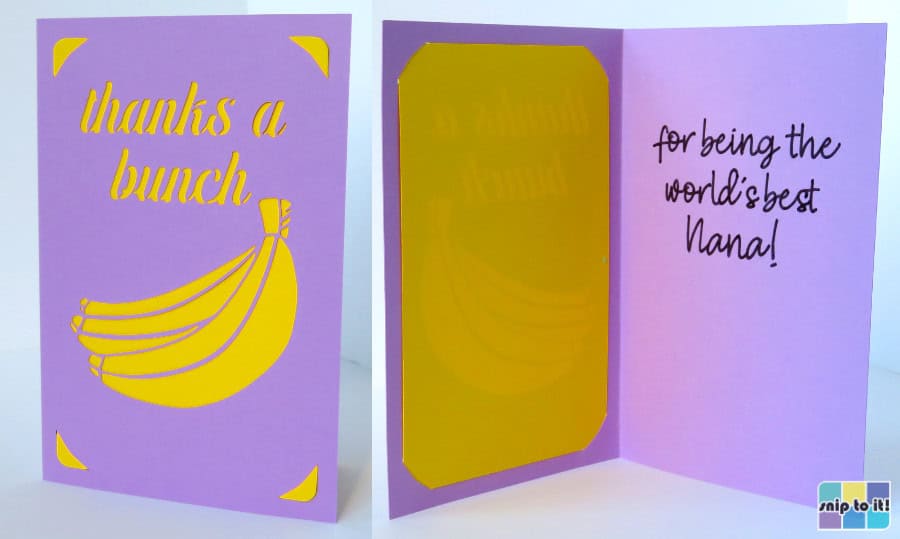 photo collage of the front and inside of the "thanks a bunch" insert card for grandma on mothers day. The card is cut out of lilac cardstock with a bright yellow insert card. The words "for being the world's best Nana" are written on the inside of the card with pen.