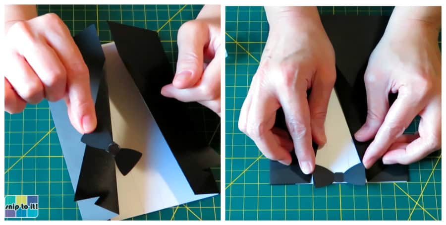 photo of adding a glue dot to the back of the bow tie, then placing the bow tie on the tuxedo envelope