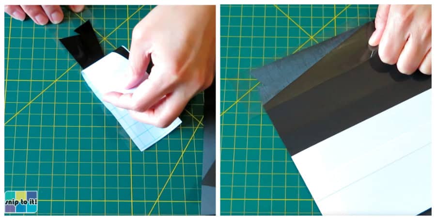 photo of adding vinyl to the tuxedo envelope lapels, step 1, where the vinyl lapel is put on transfer tape and aligned over the cardstock