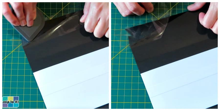 photo of adding vinyl to the tuxedo envelope lapels, step 2, where the vinyl lapel is burnished onto the cardstock and the transfer tape is removed