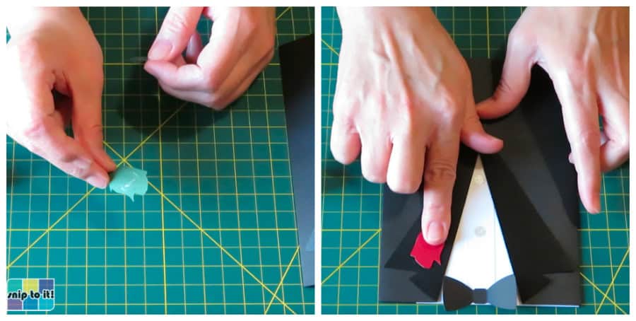 photo of adding the rose boutonniere to the lapel of the tuxedo envelope