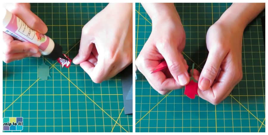 photo of adding the red rose to the green base to create the boutonniere for the tuxedo envelope
