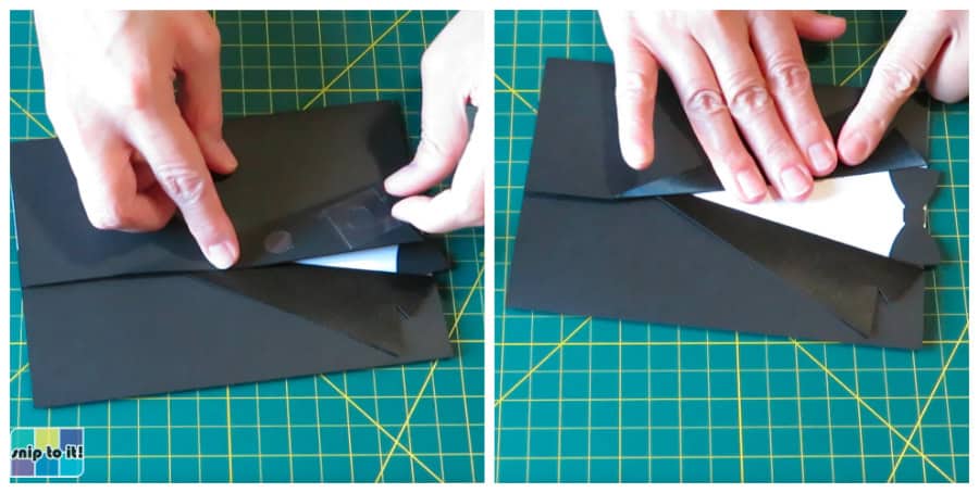 photo of tacking down the lapels of the tuxedo envelope using glue dots