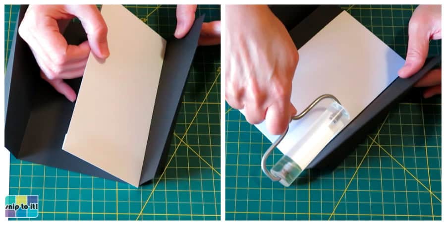 photo of gluing the white insert into the tuxedo envelope base