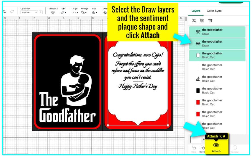 screenshot of the pen layers being attached to the sentiment plaque cut layer in Design Space