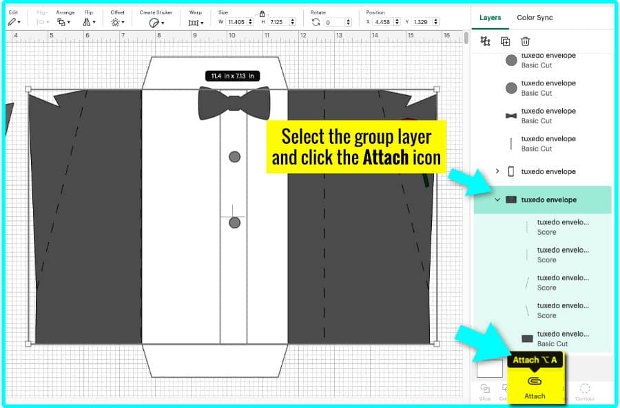 screenshot of attaching the score lines for the tuxedo envelope project to the envelope base in design space