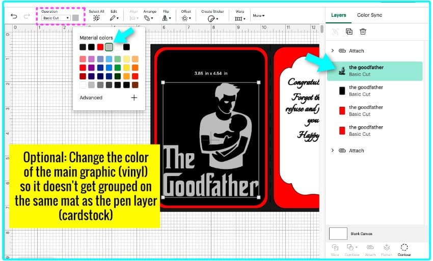 screenshot showing how to change the color of a cut layer in Design Space