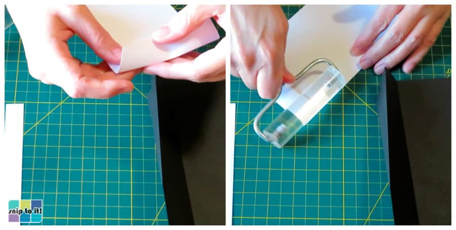 photo of folding and flattening white insert piece for tuxedo envelope