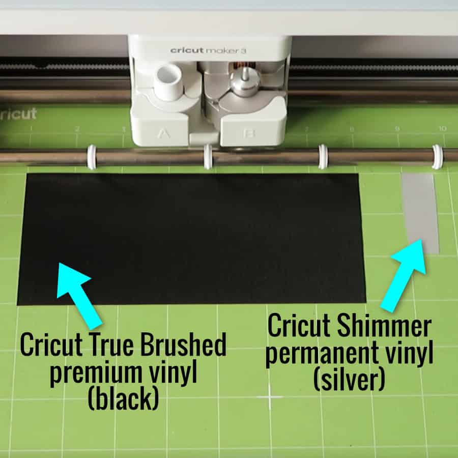 photo of Cricut true brushed and shimmer vinyl on cutting mat, cutting the lapel covers and buttons for the tuxedo envelope