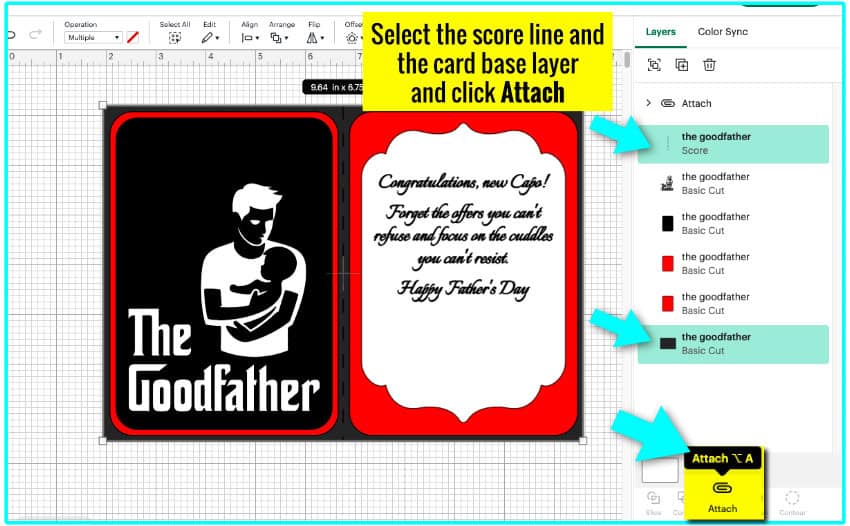 screenshot of the score line and card base being attached in Design Space