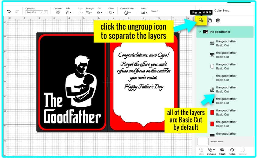 screenshot of the Goodfather card project in Design Space being ungrouped after upload to the canvas