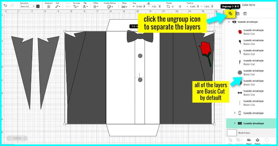 screenshot of tuxedo envelope project uploaded to design space, where the first action needed is to ungroup the image