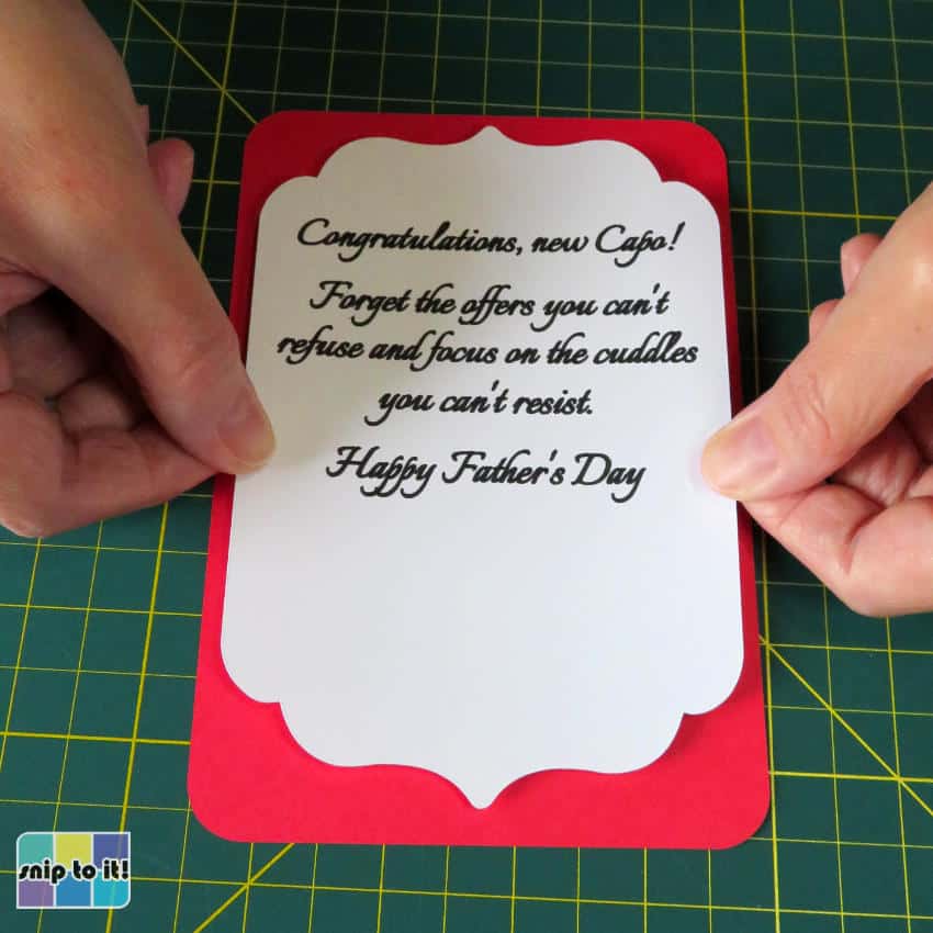 photo of inner sentiment panel being applied to red cardstock base
