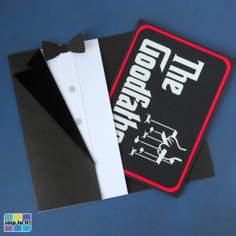photo of finished tuxedo envelope with a Goodfather father's day card partially inserted