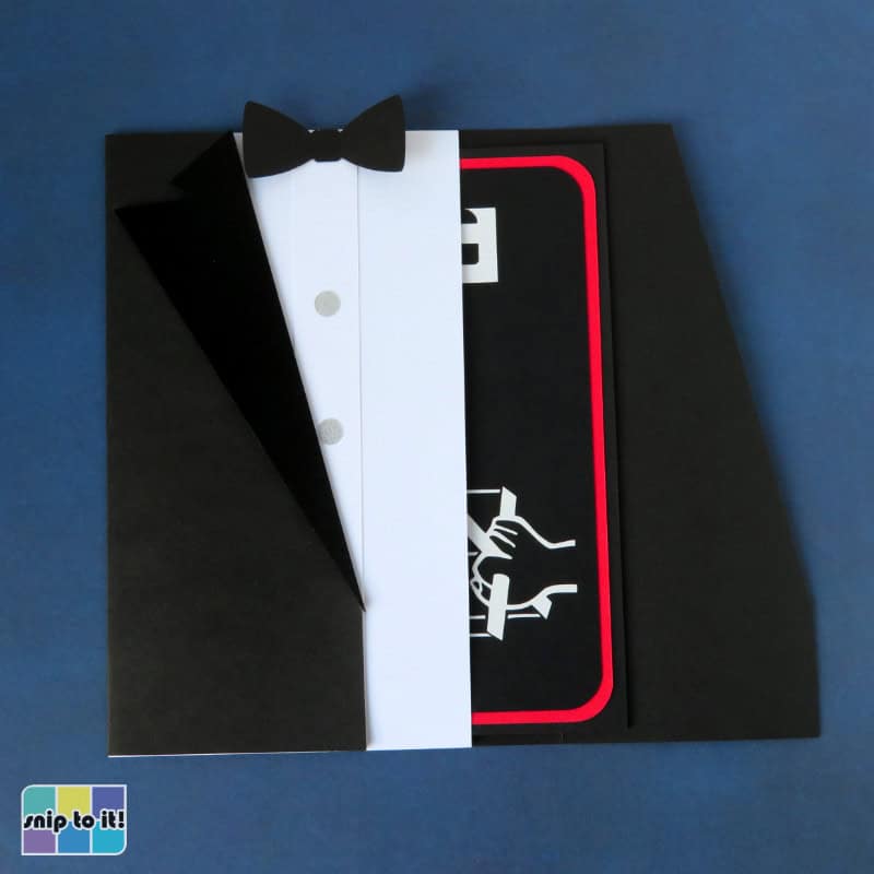 photo of finished tuxedo envelope showing a card inside
