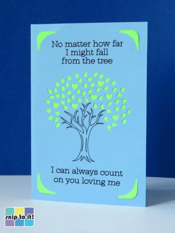 photo of Far from the Tree father's day insert card, blue cardstock with green cardstock insert