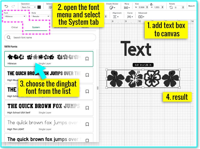 annotated screenshot showing how to add text and change font using the font menu in Design Space