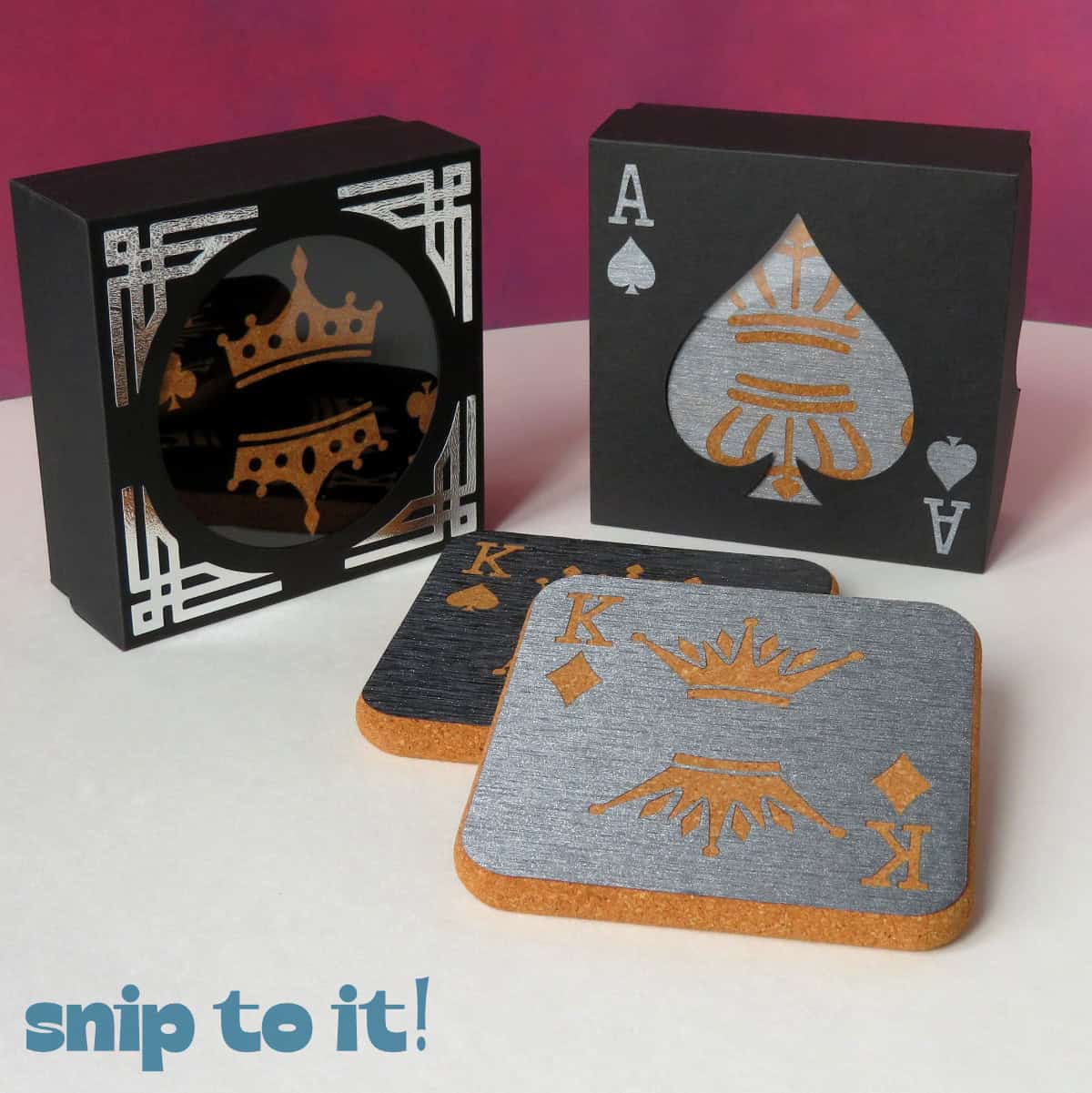 coasters featuring playing card inspired designs in brushed black and steel finish vinyl, featured with hand made gift boxes