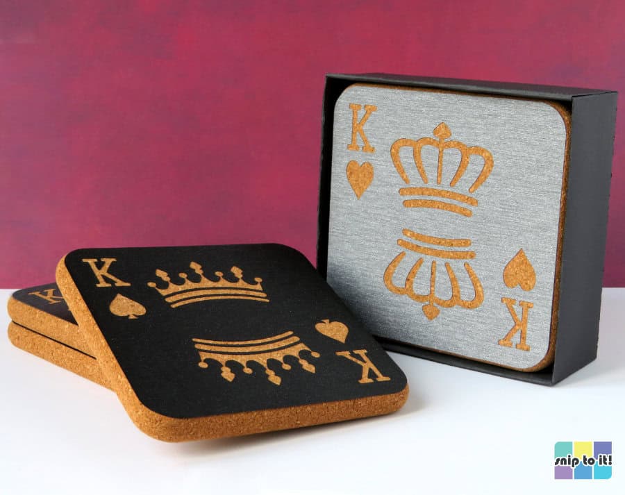masculine playing card themed coasters made out of Cricut true brushed metallic vinyl in pewter and black
