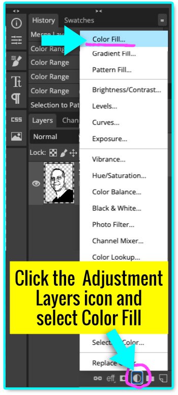 annotated screenshot showing how to open the adjustment Layers shortcut menu and select the Color fill option in photopea