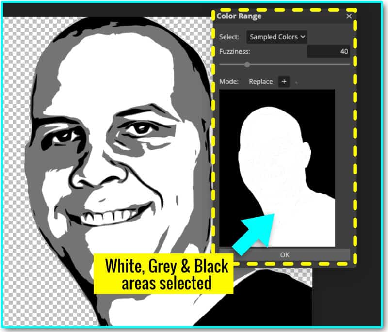 annotated screenshot showing how to use the Color Range selection tool to select multiple colors until all pixels are selected