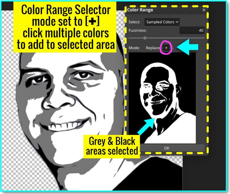 annotated screenshot showing how to use the Color Range selection tool to select multiple colors by changing the mode from replace to add