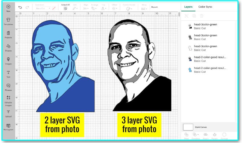 screenshot or Cricut design Space canvas with 2 versions of the converted photo SVG: one 2 color SVG and a 3 color SVG file.